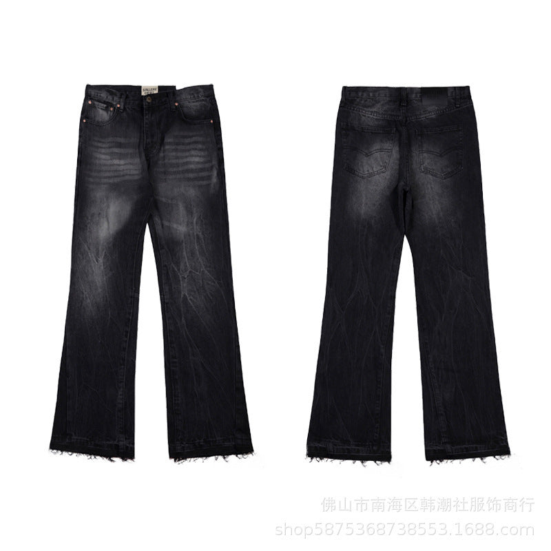 Autumn And Winter Washed Distressed Stitching Brushed Loose American Slightly Flared Jeans